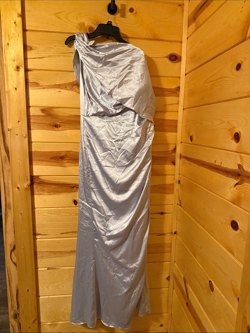 Satin One-Shoulder Evening Gown in Light Silver